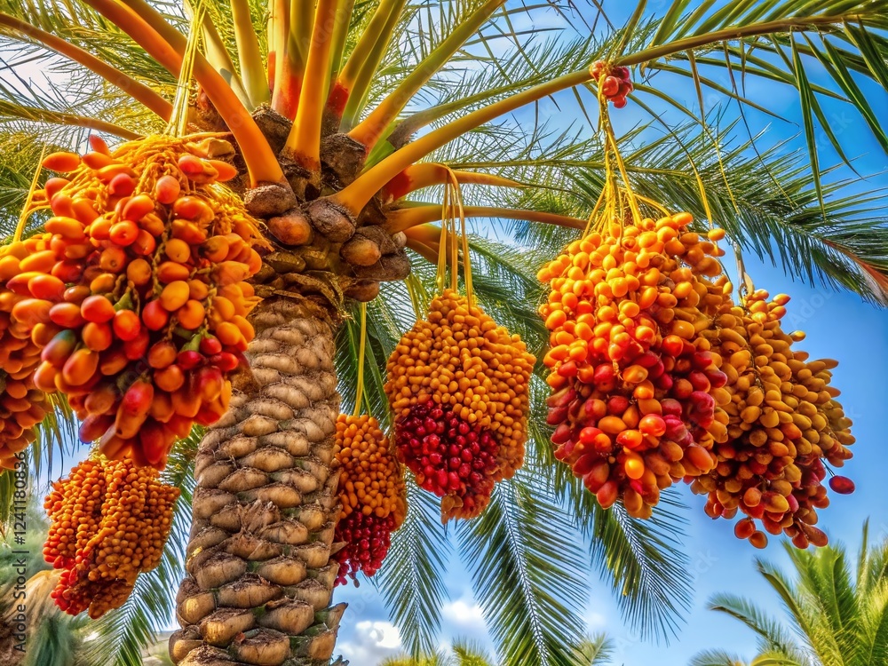 Poster panoramic view of ripening dates hanging on a palm tree