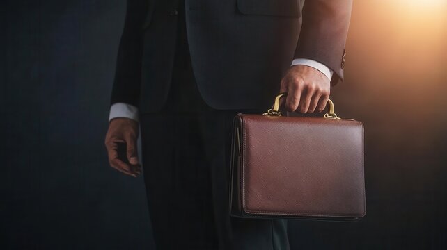 Businessman in shadowed office exchanging a briefcase full of money, concept of corporate corruption and illegal activity