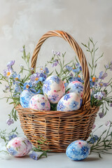 A wicker basket filled with intricately painted eggs, showcasing floral designs, is adorned with delicate purple and blue flowers. The arrangement creates a charming spring atmosphere.