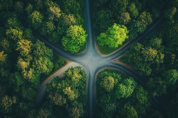 lush greenery envelops a natural dual road intersection, symbolizing choices and paths in life, with sunlight filtering through leaves creating a tranquil atmosphere