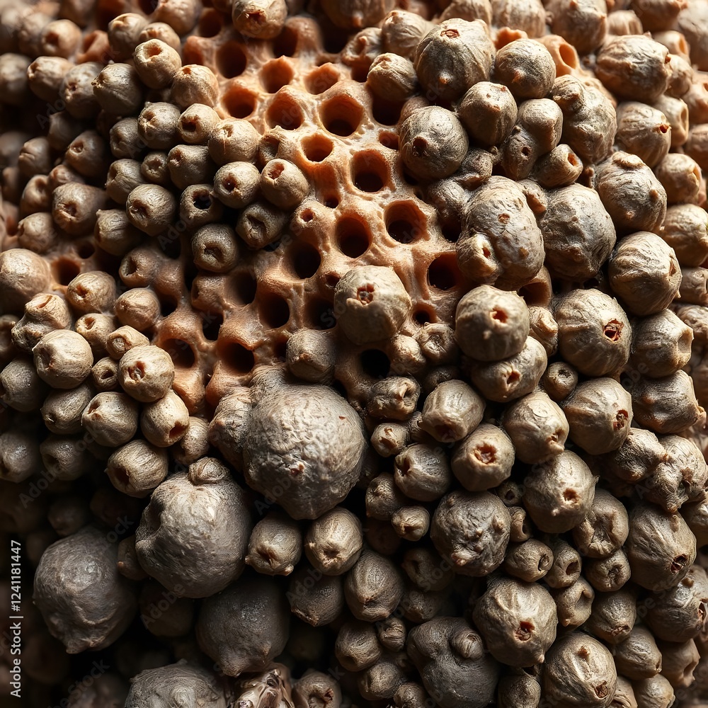 Poster close-up of a textured surface resembling a honeycomb with numerous small, round protuberances.