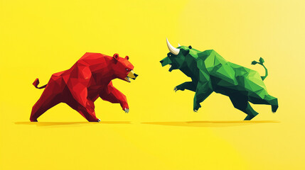Obraz premium A red bear and green bull facing off, a flat design illustration, a stock market concept art