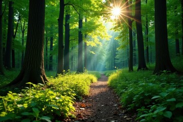 Deep woods trail, towering evergreens, dappled sunlight, evergreen, pnw