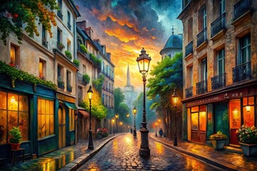 Fototapeta premium Parisian Street at Night, Dreamlike Oil Painting, Surreal Cityscape