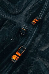 Naklejka premium Orange mining trucks transport coal in a quarry