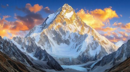 Obraz premium Majestic Snow-Capped Mountain Under Vibrant Sunset Sky