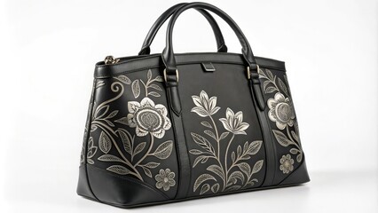 High-quality black leather handbag with floral pattern, , high quality leather, shiny black leather