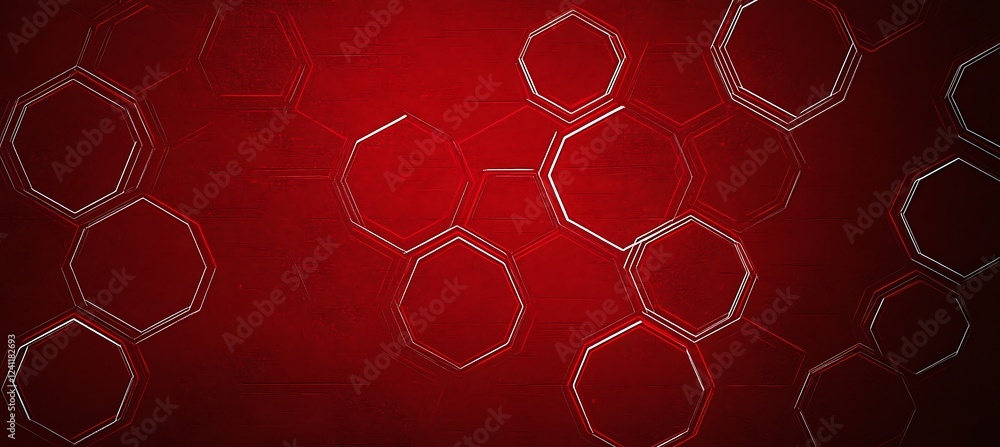 Poster minimalist red background with an artistic arrangement of hexagons in various sizes for a clean, mod