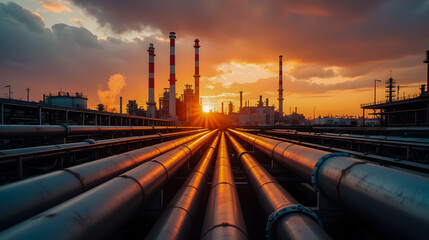 Industrial Landscape with Pipelines Under a Dramatic Sunset at a Refineries Complex