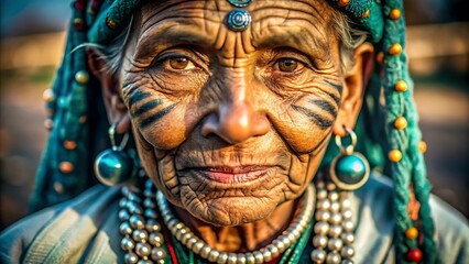 Obraz premium Elder Tribal Woman with Face Tattoos & Traditional Jewelry