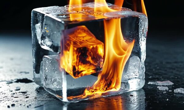 Striking Image of Fire Burning on Transparent Ice Cube - Contrasting Elements of Fire and Ice on Dark Wet Surface