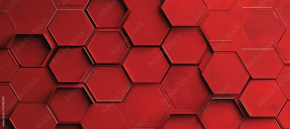 Poster minimalist red background with an artistic arrangement of hexagons in various sizes for a clean, mod
