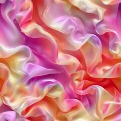 Obraz premium Seamless abstract pattern with flowing silk fabric waves in pink, purple, and orange gradient colors creates soft luxurious background for textile design.