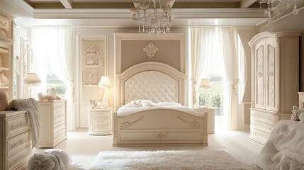 Elegant cream bedroom suite with tufted headboard, matching dresser, and armoire, bright windows, and fluffy rug.
