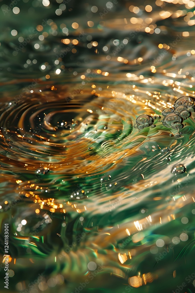 Poster mesmerizing water ripples with golden sunlight creating circular patterns and bokeh effects on emera