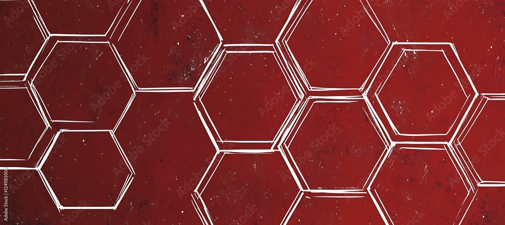 Poster minimalist red background with an artistic arrangement of hexagons in various sizes for a clean, mod