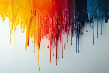 Fototapeta premium Dramatic composition of liquid paint dripping from a suspended object, forming colorful trails and droplets against a neutral backdrop.