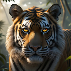 Naklejka premium Majestic Bengal Tiger Portrait with Amber Eyes & Golden Aura