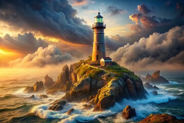 Panoramic Foggy Lighthouse on Dramatic Rocky Coastline - 3D Illustration