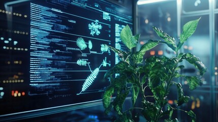 Futuristic Laboratory Scene with Plant and Digital Data Display