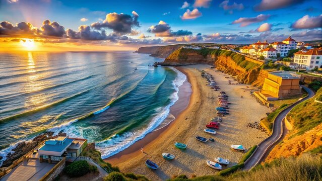 Panoramic Ericeira Beach: Portugal Coastal Sunset, Scenic Ocean View