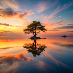 Serene Bonsai Island at Sunset Reflection