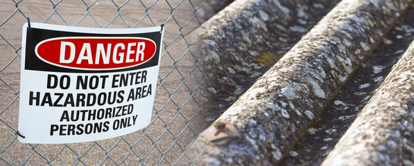 Dangerous presence of asbestos fibers in a construction site with metallic protection net against...