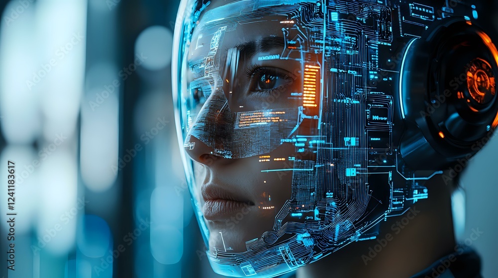 Poster futuristic artificial intelligence concept showing digital transformation with glowing circuit patte