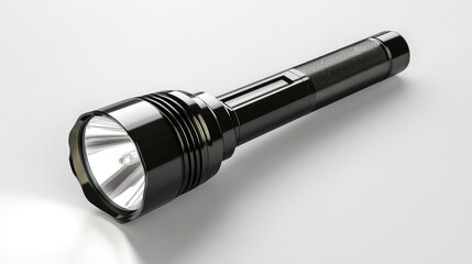 Black Aluminum Flashlight with Bright LED Light on White Background