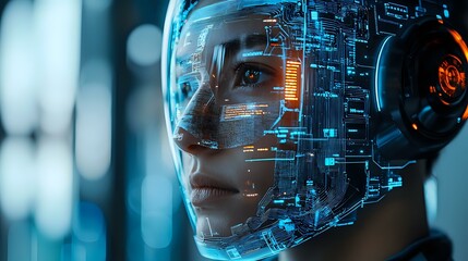 Futuristic artificial intelligence concept showing digital transformation with glowing circuit patterns and technological interface in blue tones.