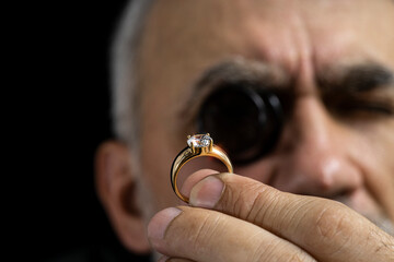 Jewelry appraiser examines a gold ring evaluating large diamond looking through magnifying glass...
