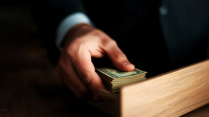 Employee looking nervous while taking a stack of cash from a hidden drawer, corporate theft and embezzlement concept