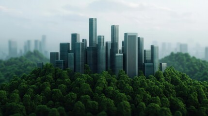 Fototapeta premium Futuristic city integrated with green technology and forest canopies, urban ecology concept