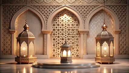 A timeless podium surrounded by classic Moroccan lanterns casting a soft glow, with a minimalist yet elegant Islamic backdrop featuring delicate patterns and calligraphy