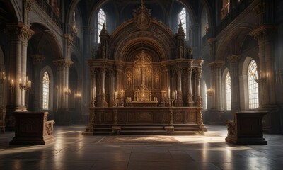 Obraz premium Interior of the church with a large altar and ornate furnishings, stonework, altar, advent