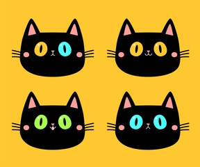 Cat face set. Kitten with big yellow, blue, green eyes. Black round silhouette icon. Cute cartoon funny pet character. Pink ears, nose cheek. Funny kawaii animal. Flat design. Yellow background Vector
