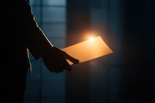 Employee nervously handing over confidential documents in a dimly lit office, symbolizing betrayal and corporate espionage