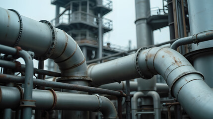 Industrial Pipe System Featuring Steel Pipes and Infrastructure in an Oil Refinery Setting Captured on a Cloudy Day