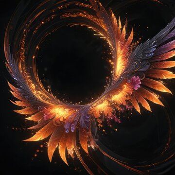 Isoteric swirl vortex wing on a black background with an intricate floral pattern and glowing aura, spiritual growth, mystical, futuristic