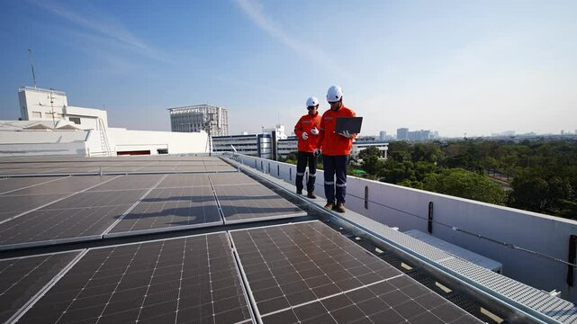 A technician inspects and repairs solar panels on a rooftop installation. The worker wears protective gear and focuses on ensuring the system is functioning well. The sky is clear and bright.