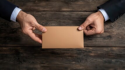 Hands exchanging a brown envelope under the table during a business meeting, representing bribery and secret corruption