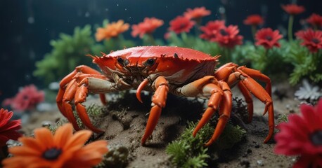 Large clawed crab snapping its claws inside bright red anemone , ocean animal movement, snapping shrimp