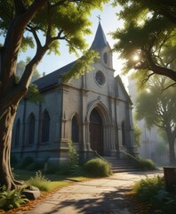 Obraz premium Large leafy branches covering a historic church, architecture, church, nature