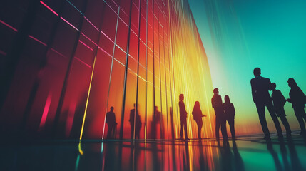 Naklejka premium Group of business people silhouettes in modern office building and business network concept. Human resources with pastel innovation charts and graphs with statistics to analyze business