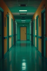 Long Teal Corridor With Closed Doors Leading To A Room