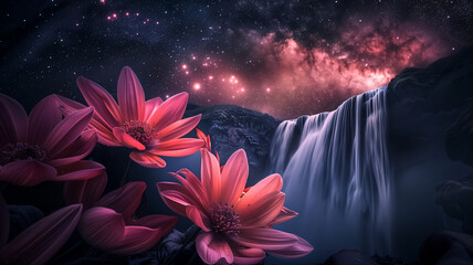 Fototapeta premium Majestic Skogafoss waterfall under the mesmerizing Northern Ligh
