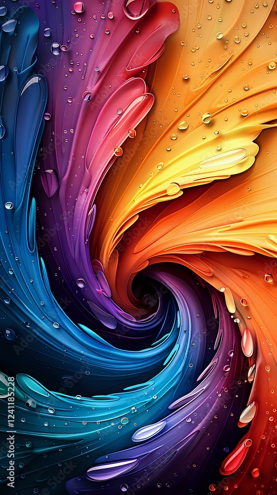 Poster vibrant spiral pattern with water drops featuring flowing gradient colors from blue to purple, red a