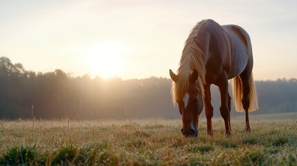 Horse Grazing in a Dewy Field at Sunrise