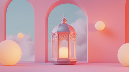 Ramadan concept: 3D lantern with glowing candle, pastel pink background
