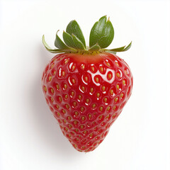 A single bright red strawberry with its green leaves on a white background